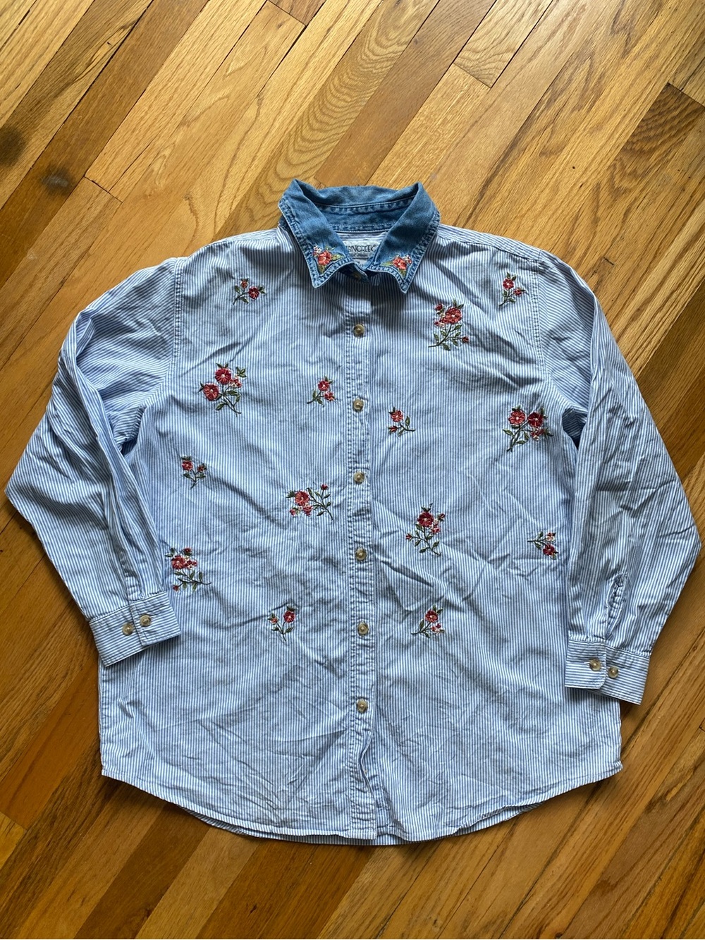 Vintage Cabin Creek Blue Striped Button-Down Shirt with Red Floral Embroidery